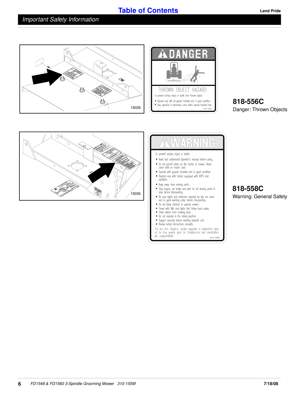 Land Pride fd1548 manual 818-556C, 818-558C, Table of Contents, Important Safety Information, Land Pride, 7/18/08 
