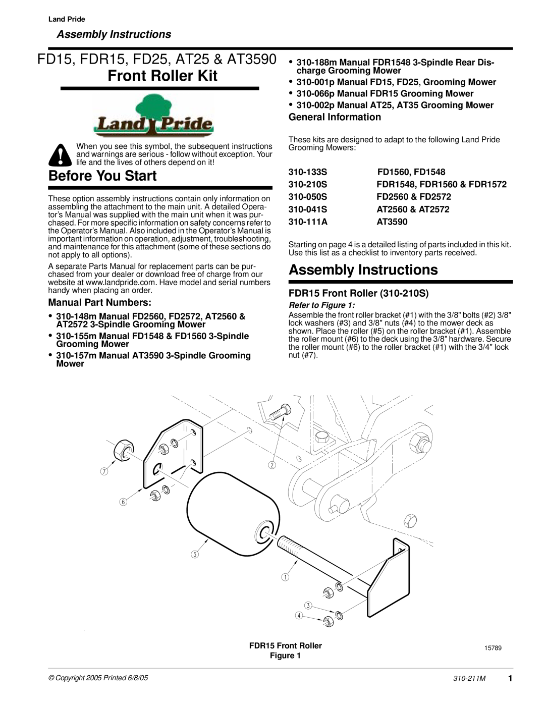 Land Pride FD25 manual Assembly Instructions, General Information, Manual Part Numbers, FDR15 Front Roller 310-210S 