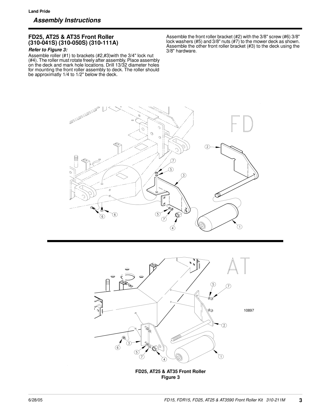 Land Pride FDR15, FD15 manual Assembly Instructions, Refer to Figure, FD25, AT25 & AT35 Front Roller Figure, 6/28/05 