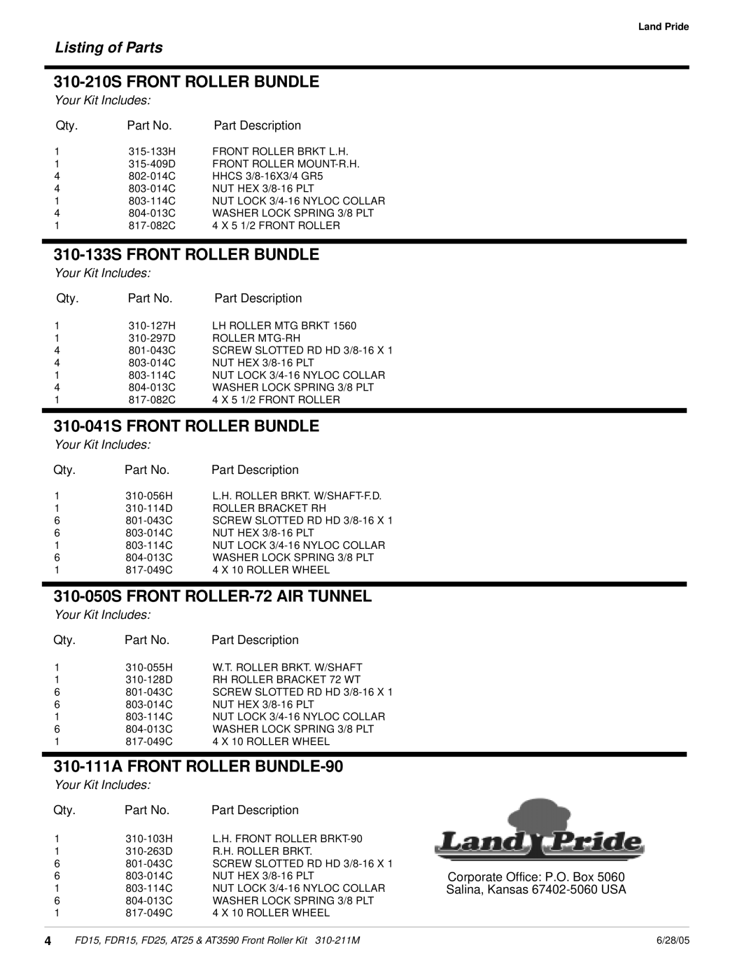 Land Pride FD25 Listing of Parts, 310-210SFRONT ROLLER BUNDLE, 310-133SFRONT ROLLER BUNDLE, 310-041SFRONT ROLLER BUNDLE 