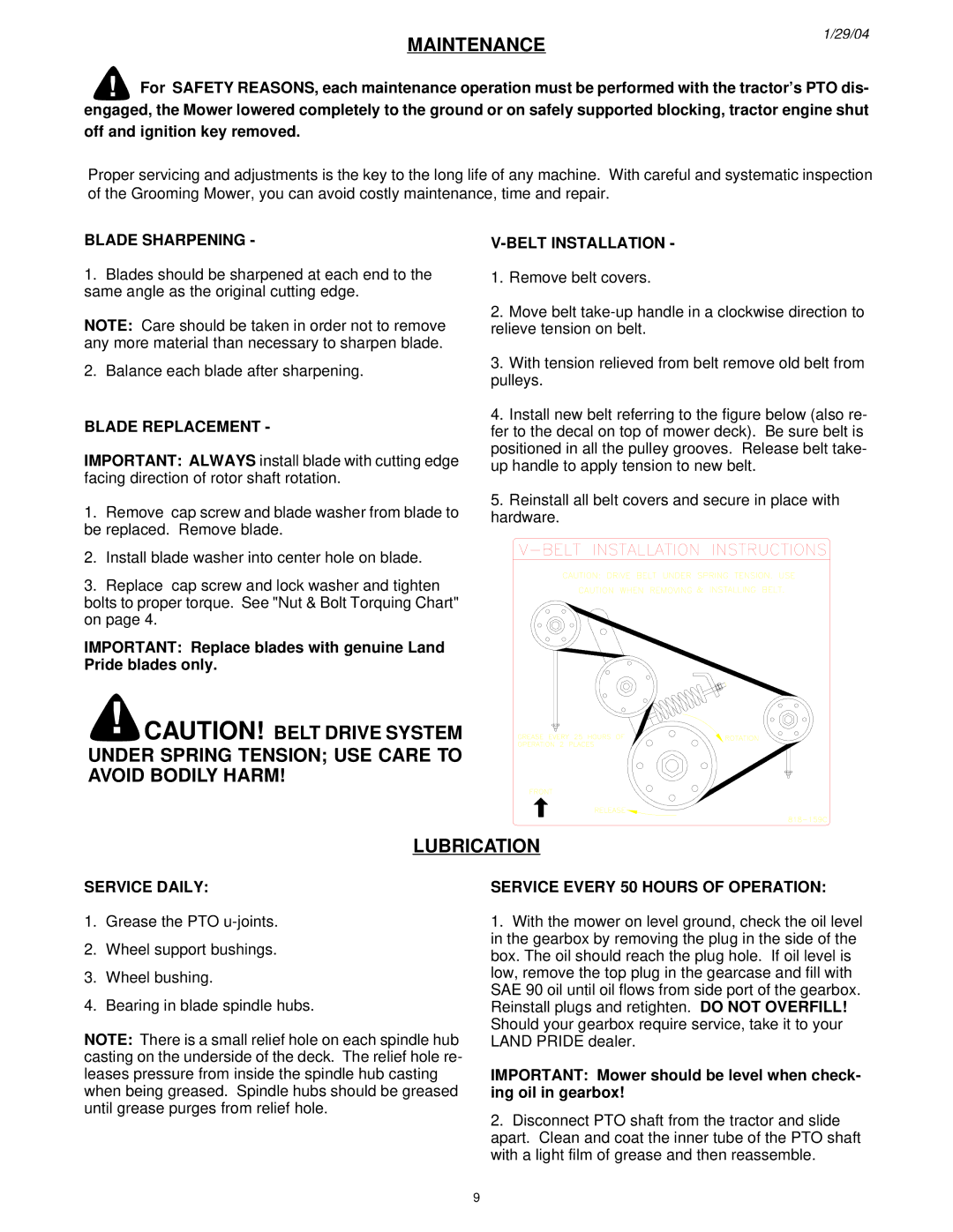 Land Pride FD2548 manual Maintenance, Lubrication 