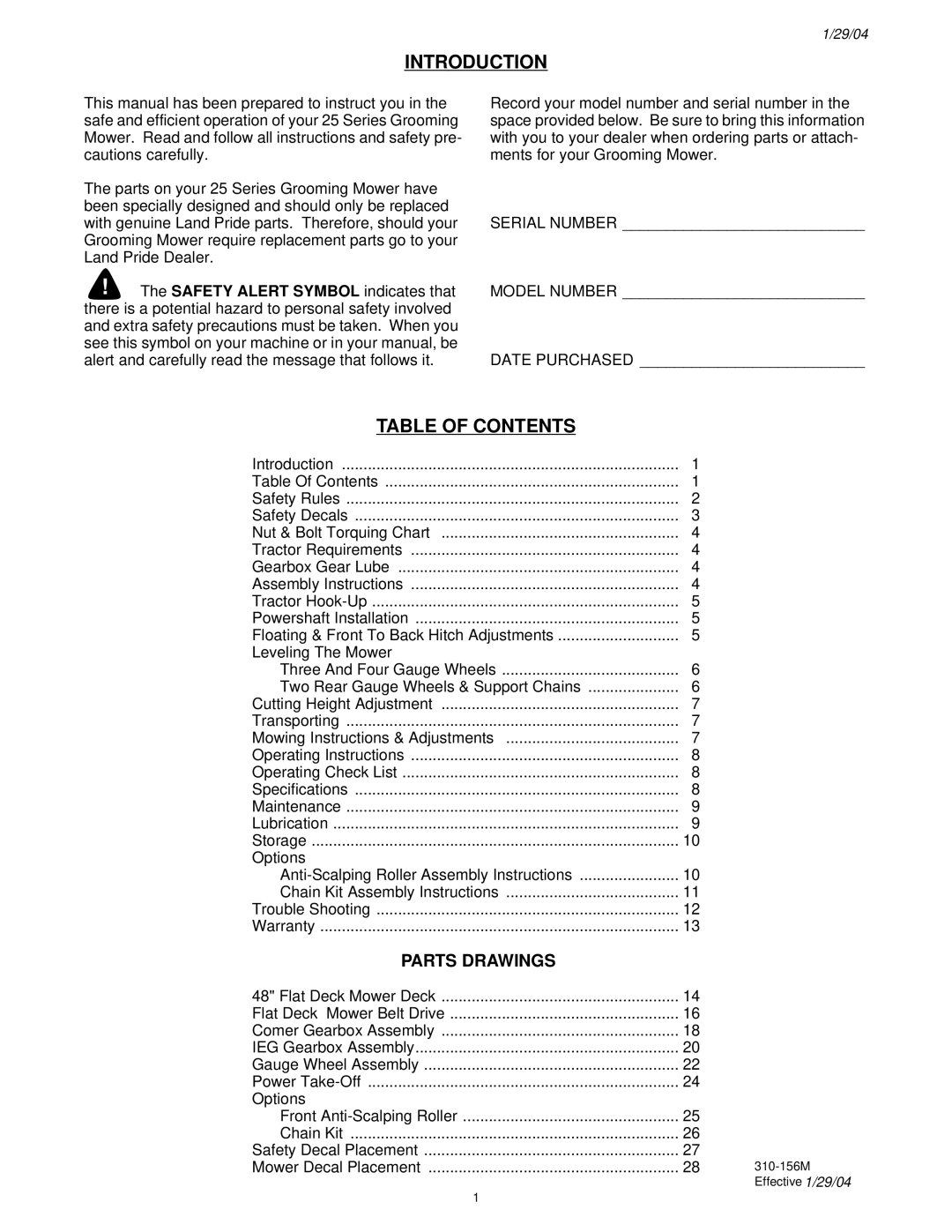 Land Pride FD2548 manual Introduction, Table of Contents 