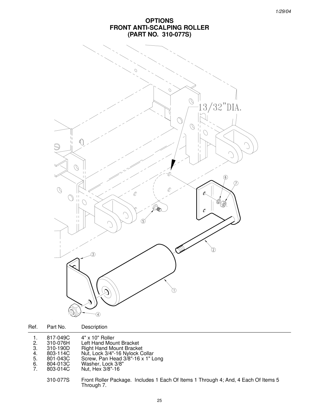 Land Pride FD2548 manual Options Front ANTI-SCALPING Roller, Part no -077S 