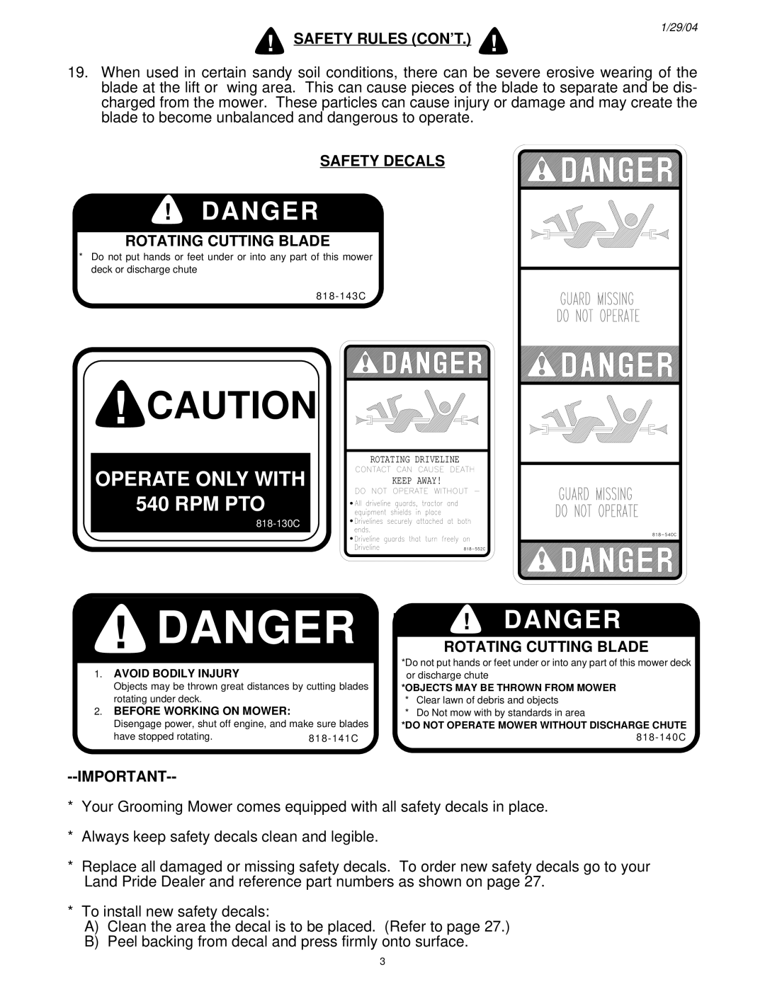 Land Pride FD2548 manual Safety Rules CON’T, Safety Decals Rotating Cutting Blade 