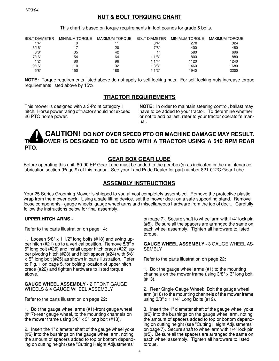 Land Pride FD2548 manual NUT & Bolt Torquing Chart, Tractor Requirements, Gear BOX Gear Lube, Assembly Instructions 