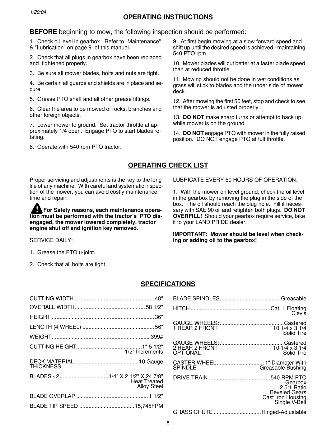Land Pride FD2548 manual Operating Instructions, Operating Check List, Specifications 