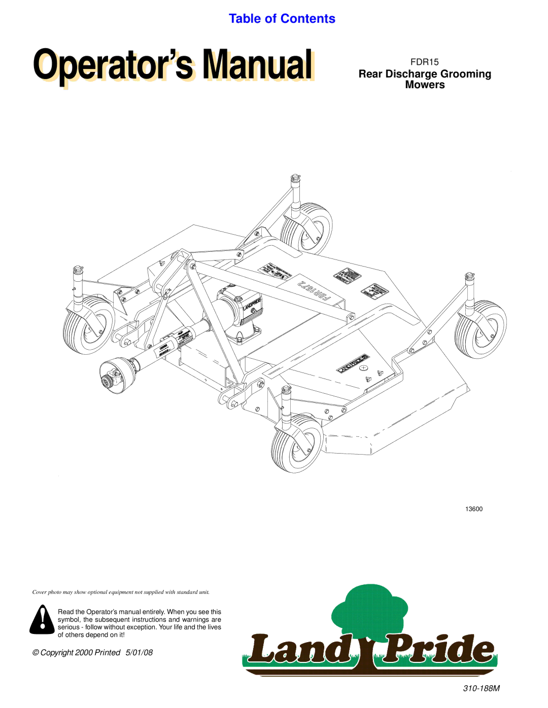 Land Pride FDR15 manual Operator’st ’s Manuall, Rear Discharge Grooming Mowers 