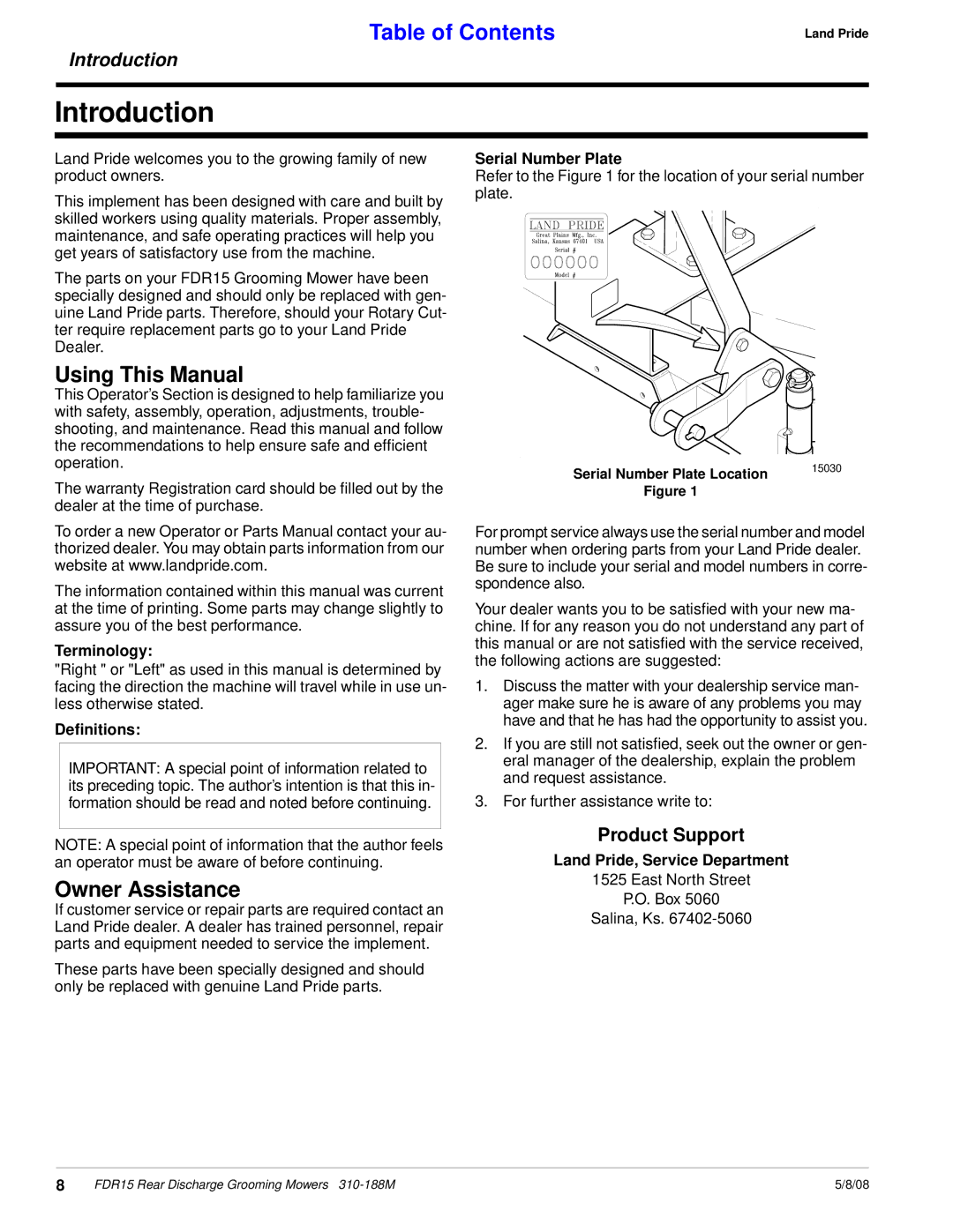 Land Pride FDR15 manual Introduction, Using This Manual, Owner Assistance, Product Support 