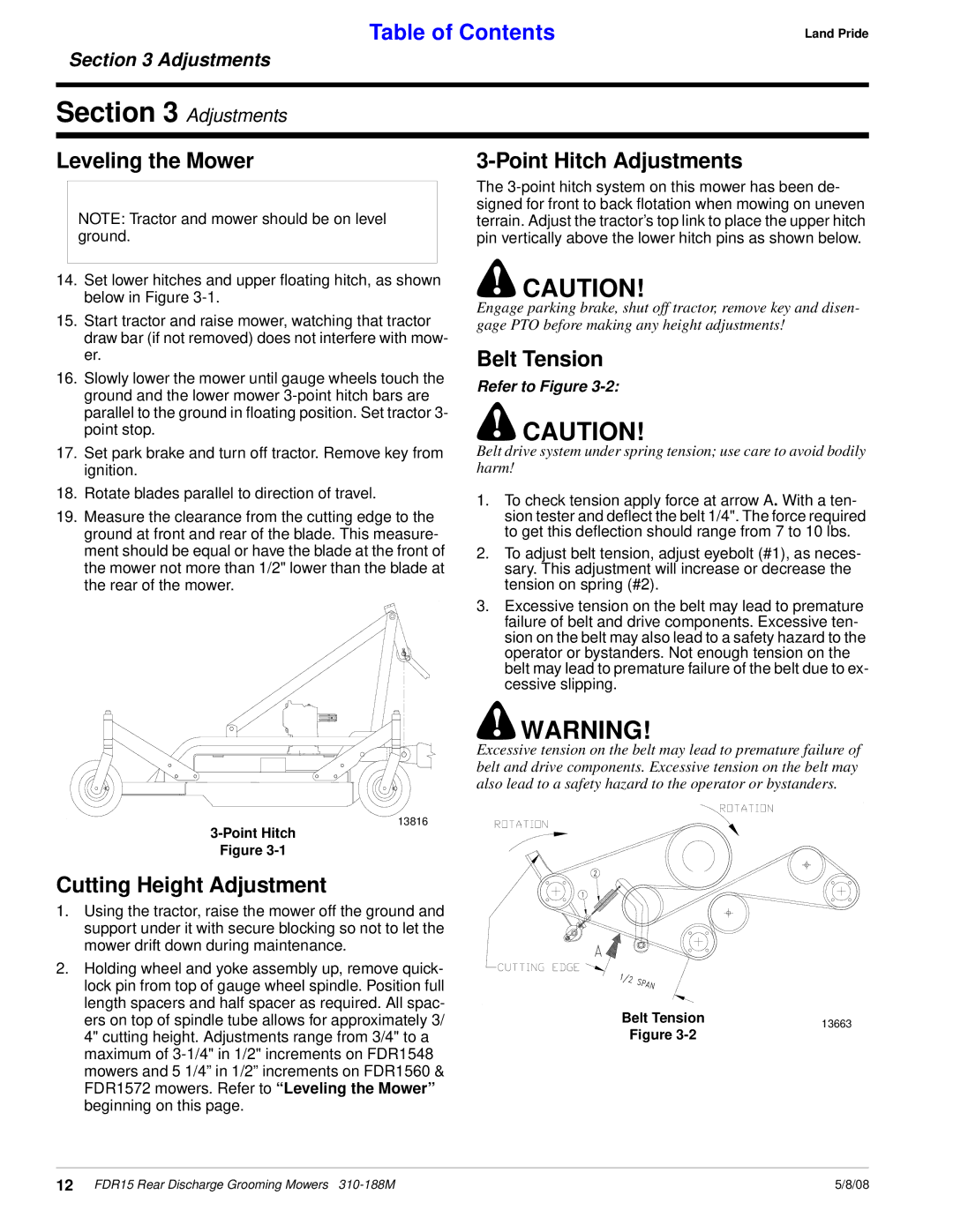 Land Pride FDR15 manual Leveling the Mower, Belt Tension, Cutting Height Adjustment 