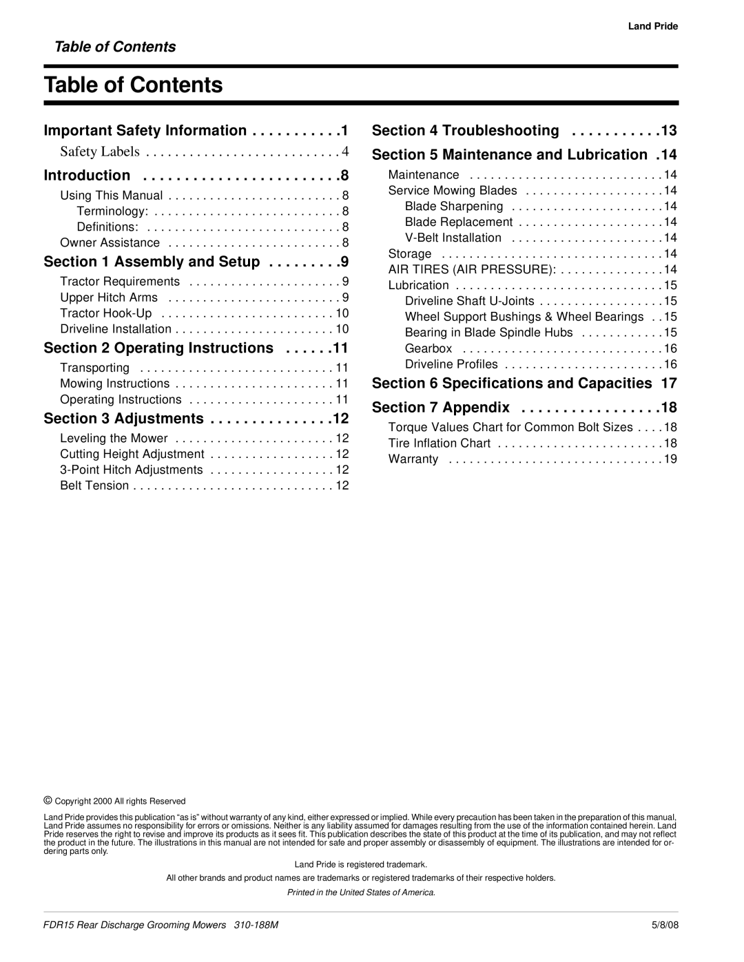 Land Pride FDR15 manual Table of Contents 