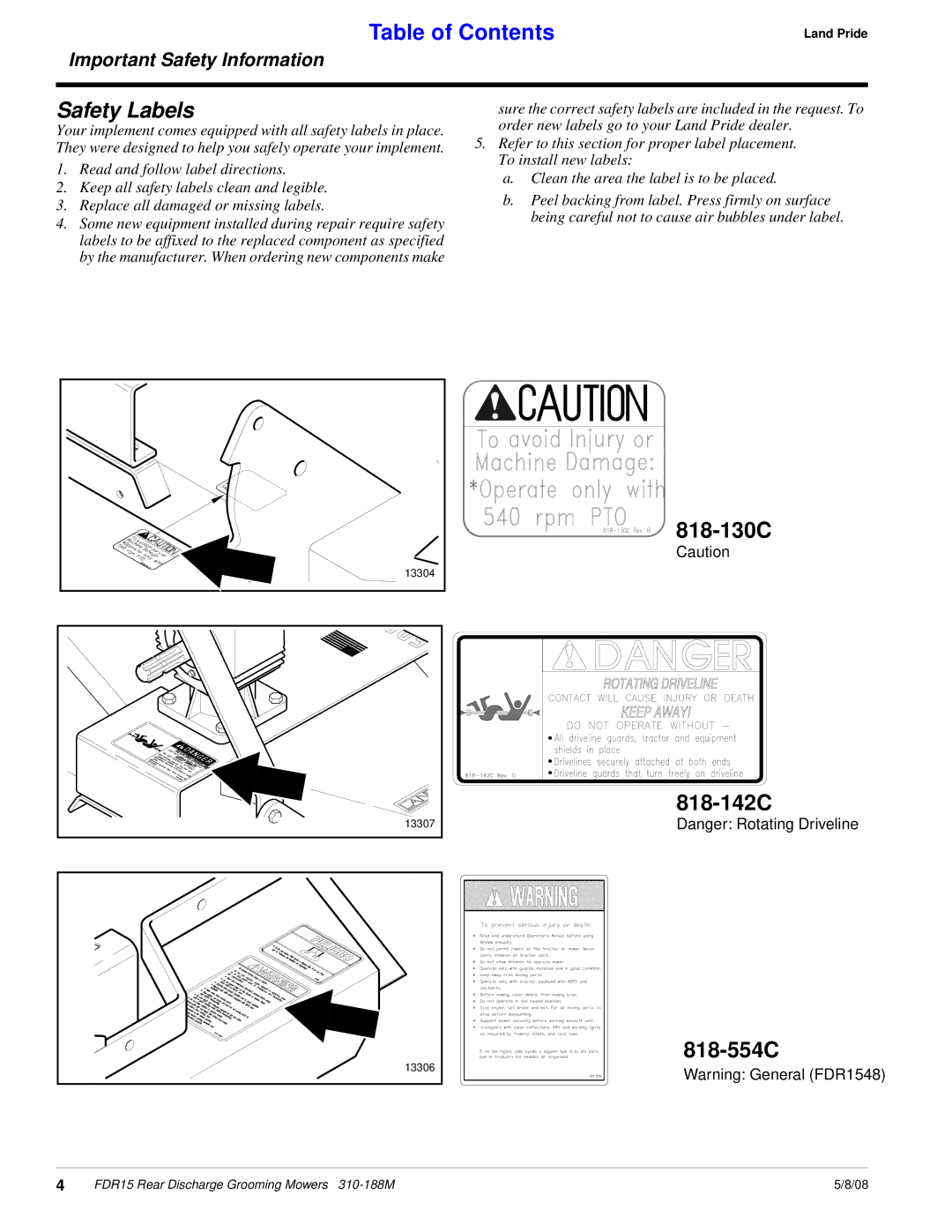 Land Pride FDR15 manual Safety Labels, 818-130C 818-142C 818-554C 