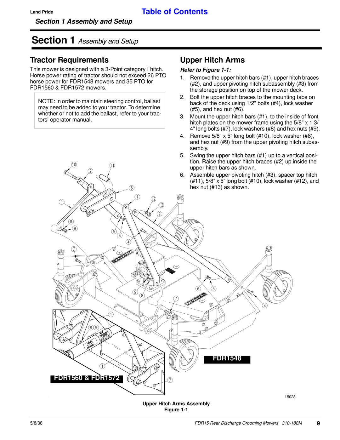 Land Pride FDR15 manual Tractor Requirements, Upper Hitch Arms, Assembly and Setup, Refer to Figure, Table of Contents 