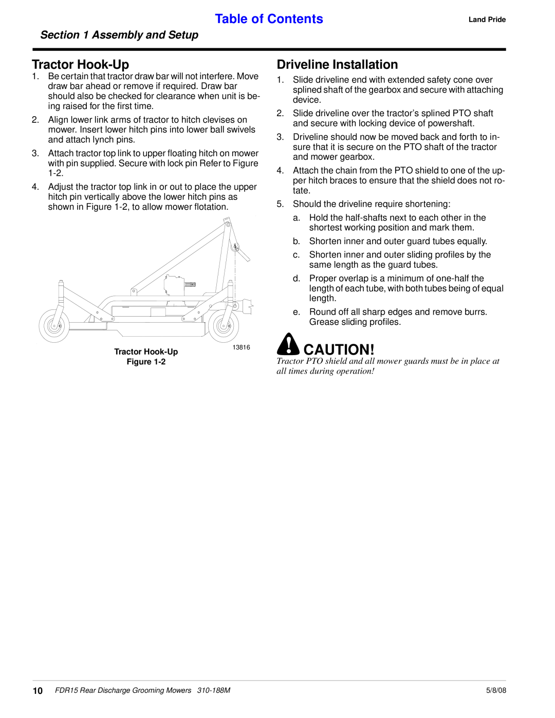 Land Pride FDR15 manual Tractor Hook-Up, Driveline Installation, Table of Contents, Assembly and Setup 