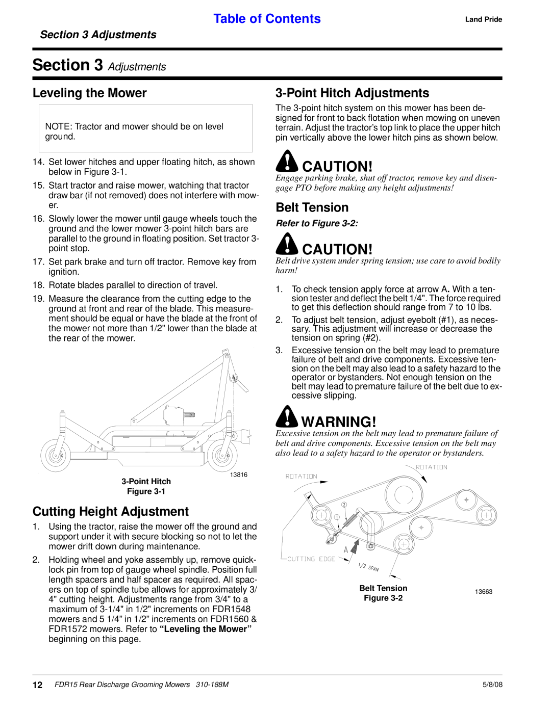Land Pride FDR15 Leveling the Mower, Belt Tension, Cutting Height Adjustment, Point Hitch Adjustments, Table of Contents 