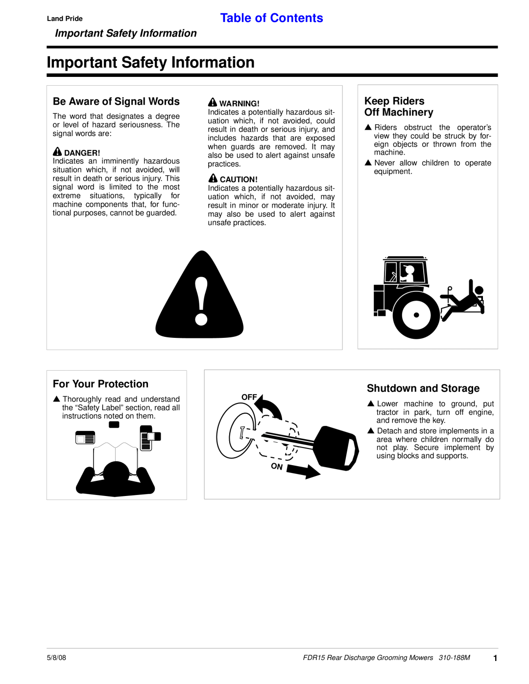 Land Pride FDR15 Important Safety Information, Table of Contents, Be Aware of Signal Words, Keep Riders Off Machinery 