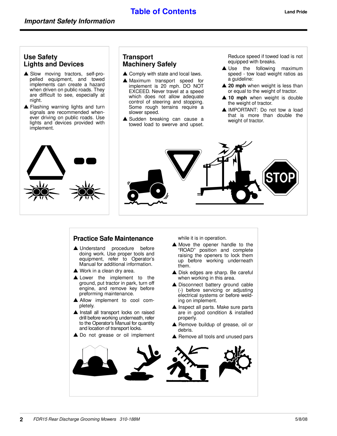 Land Pride FDR15 Use Safety Lights and Devices, Transport Machinery Safely, Practice Safe Maintenance, Table of Contents 
