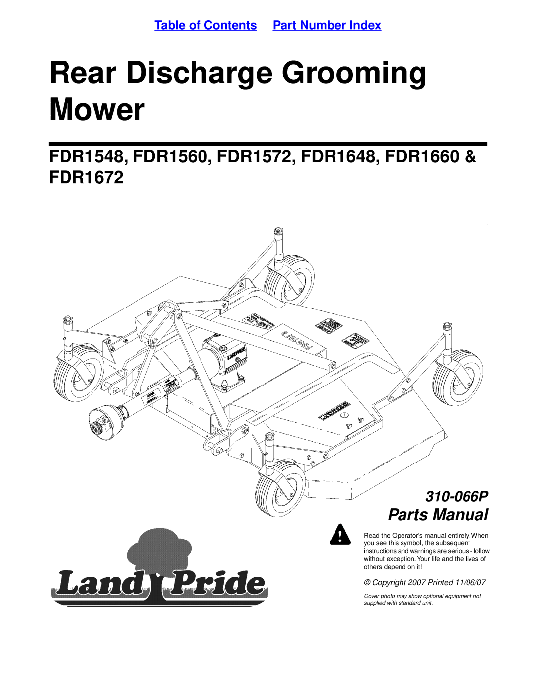 Land Pride FDR1648, FDR1672, FDR1572, FDR1560, FDR1660, FDR1548 manual Rear Discharge Grooming Mower 