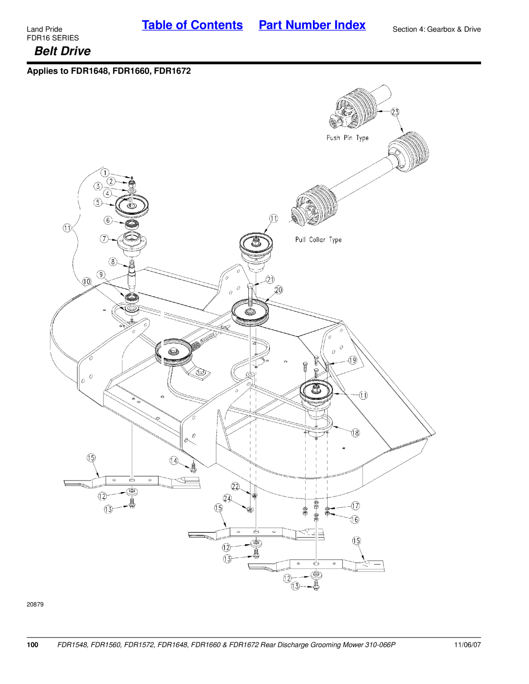 Land Pride FDR1660, FDR1672, FDR1648, FDR1572, FDR1560, FDR1548 manual Belt Drive, 100 