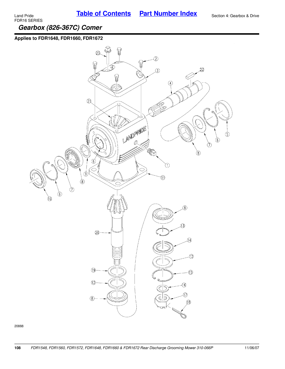 Land Pride FDR1672, FDR1648, FDR1572, FDR1560, FDR1660, FDR1548 manual Gearbox 826-367C Comer, 108 