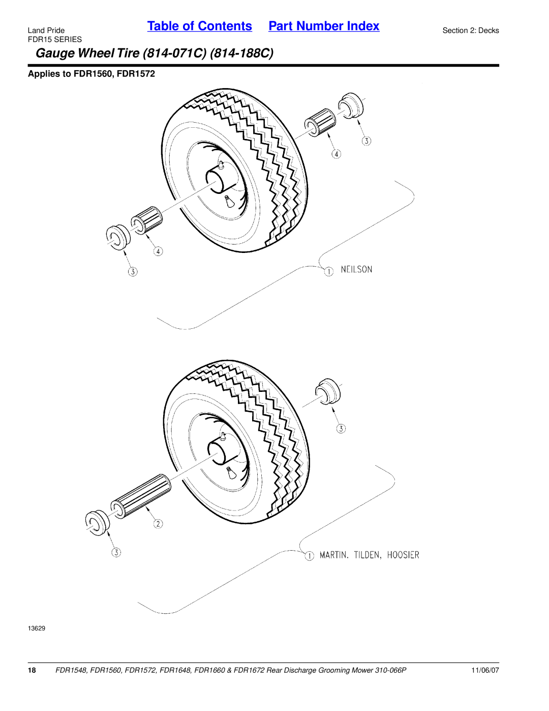 Land Pride FDR1672, FDR1648, FDR1660, FDR1548 manual Gauge Wheel Tire 814-071C 814-188C, Applies to FDR1560, FDR1572 