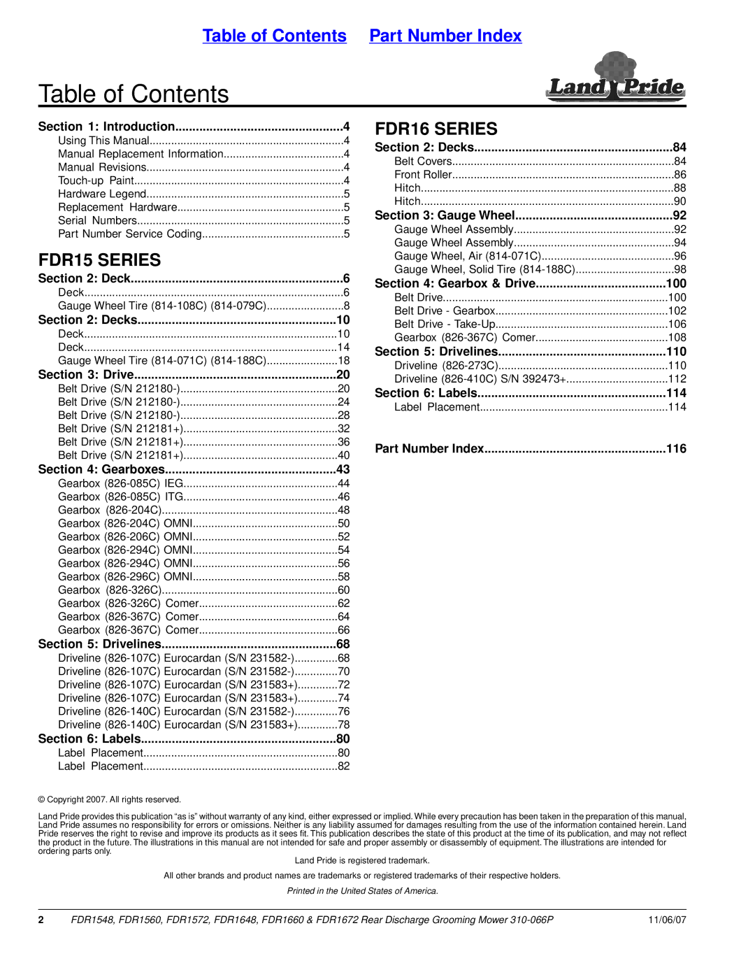 Land Pride FDR1572, FDR1672, FDR1648, FDR1560, FDR1660, FDR1548 manual Table of Contents 