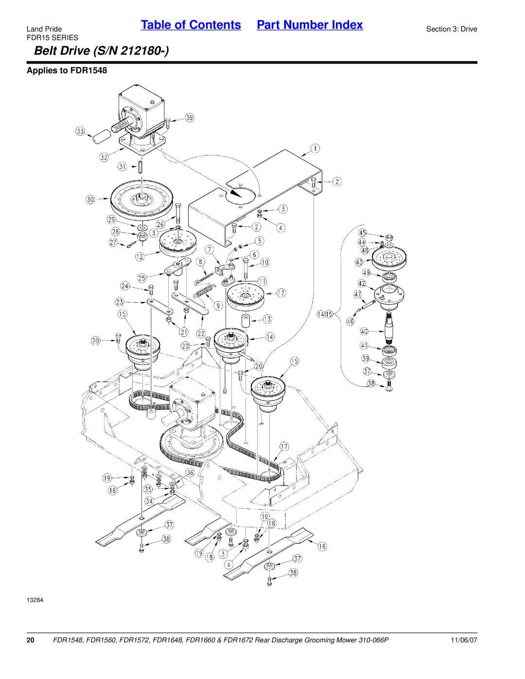 Land Pride FDR1572, FDR1672, FDR1648, FDR1560, FDR1660, FDR1548 manual Belt Drive S/N 