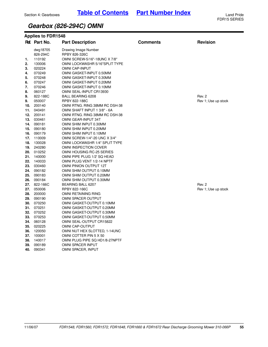 Land Pride FDR1648, FDR1672, FDR1572, FDR1560 manual Omni Shaft Input 1 3/8 6A, Omni Housing RC-25 Series, Omni SPACER, Input 