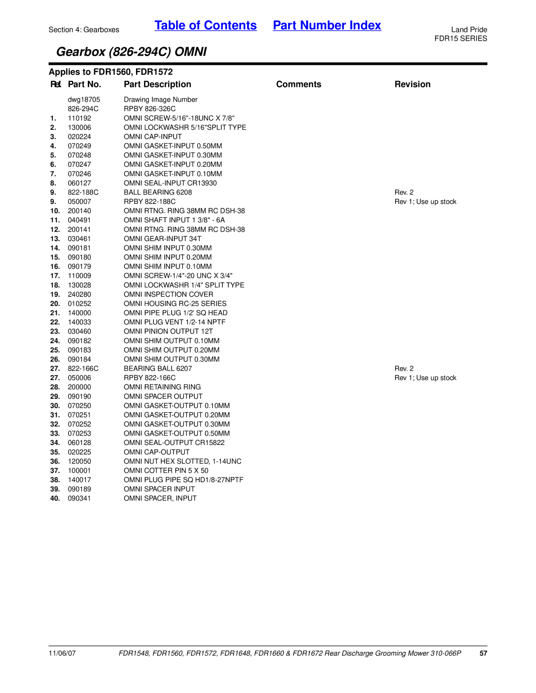 Land Pride FDR1560, FDR1672, FDR1648, FDR1572, FDR1660, FDR1548 manual Gearbox 826-294C Omni 