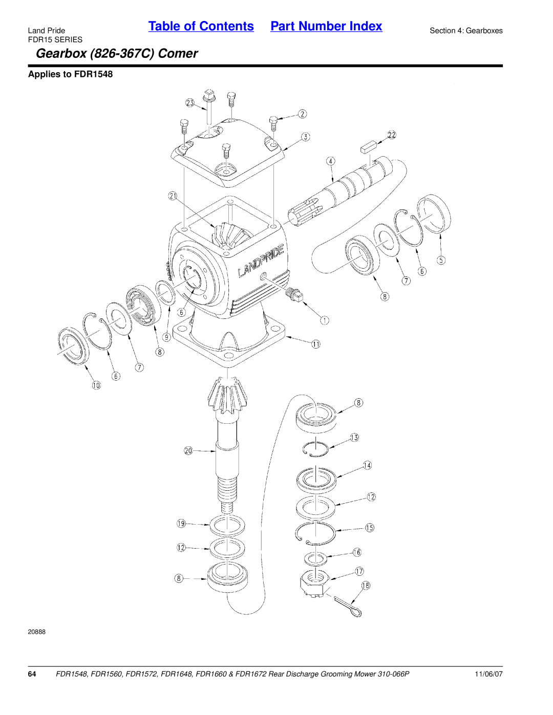 Land Pride FDR1660, FDR1672, FDR1648, FDR1572, FDR1560, FDR1548 manual Gearbox 826-367C Comer 