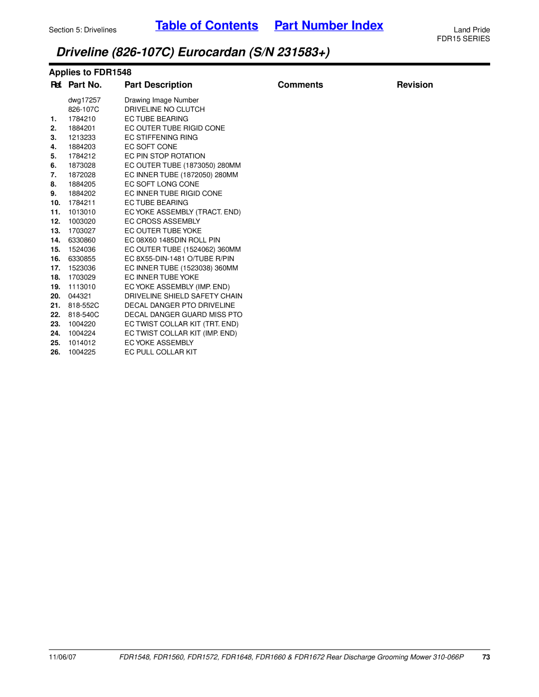 Land Pride FDR1648, FDR1672, FDR1572, FDR1560, FDR1660, FDR1548 manual EC Stiffening Ring, EC PIN Stop Rotation 