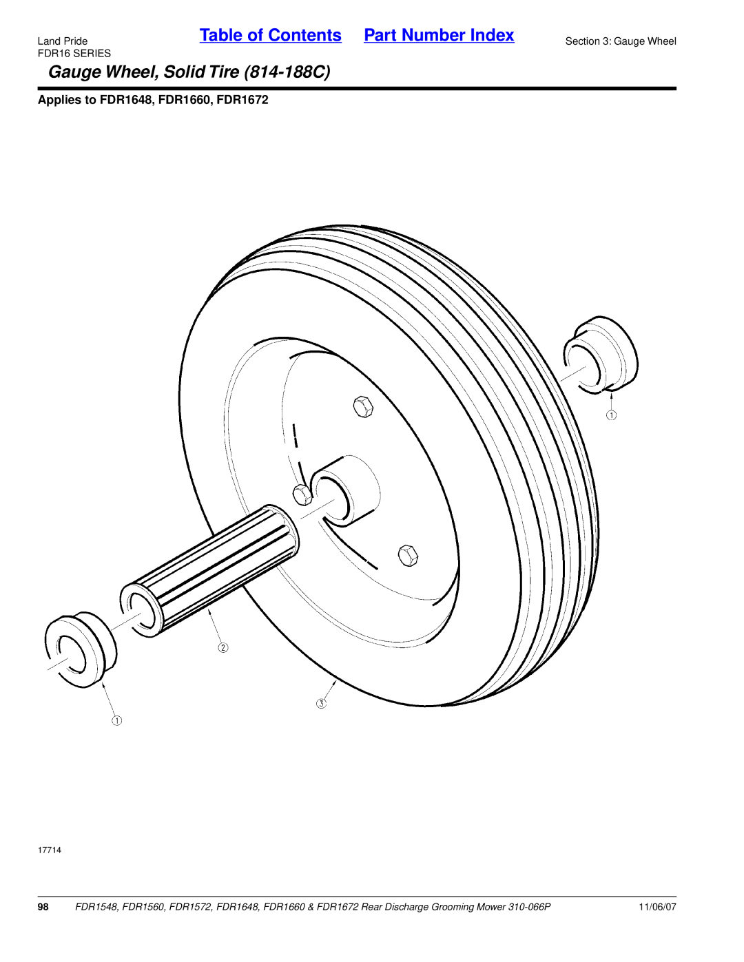 Land Pride FDR1572, FDR1672, FDR1648, FDR1560, FDR1660, FDR1548 manual Gauge Wheel, Solid Tire 814-188C 