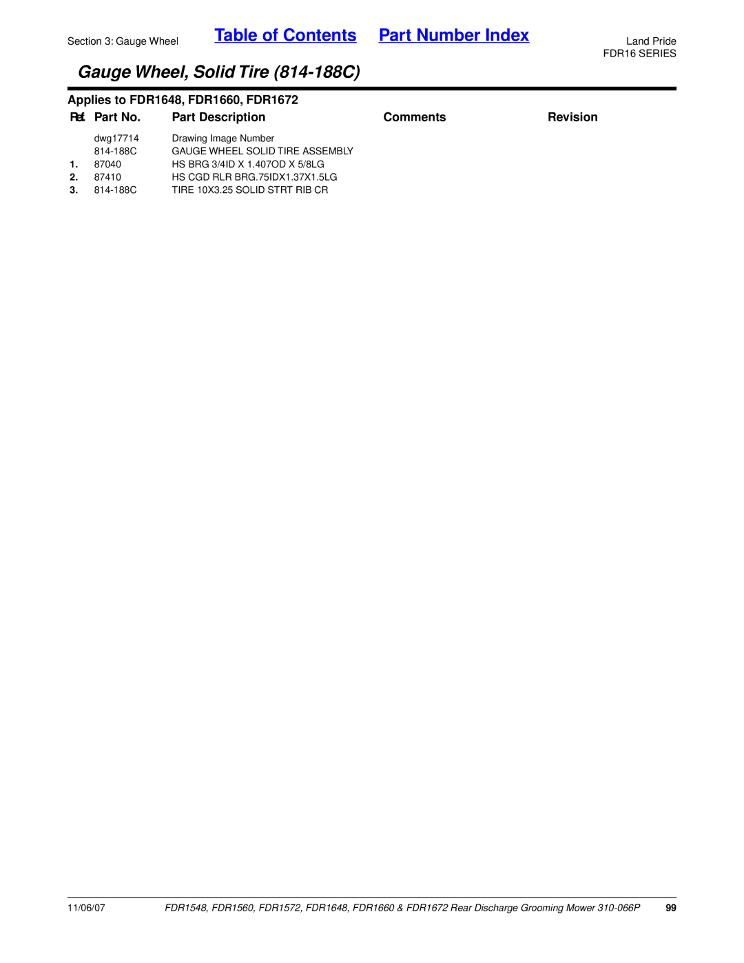 Land Pride FDR1560, FDR1672, FDR1648, FDR1572 manual Gauge Wheel Solid Tire Assembly, 814-188C Tire 10X3.25 Solid Strt RIB CR 