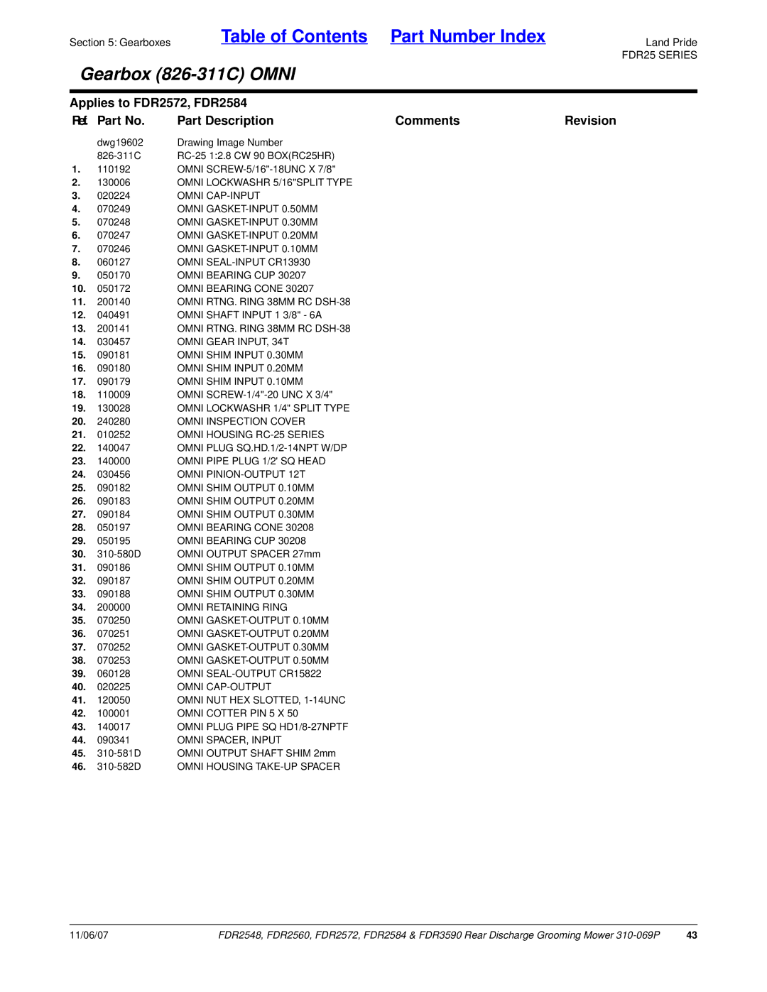 Land Pride 3590, FDR2548, 2572, 2560, 2584 Omni Bearing CUP, Omni Bearing Cone, Omni Gear INPUT, 34T, Omni PINION-OUTPUT 12T 