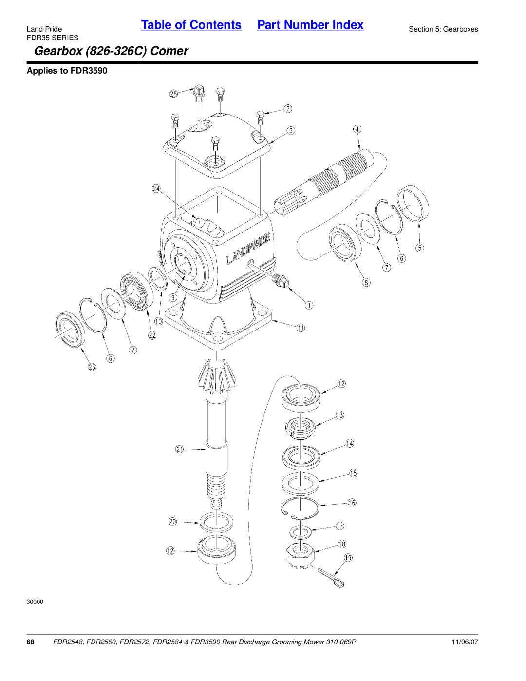 Land Pride 3590, FDR2548, 2572, 2560, 2584 manual Gearbox 826-326C Comer 