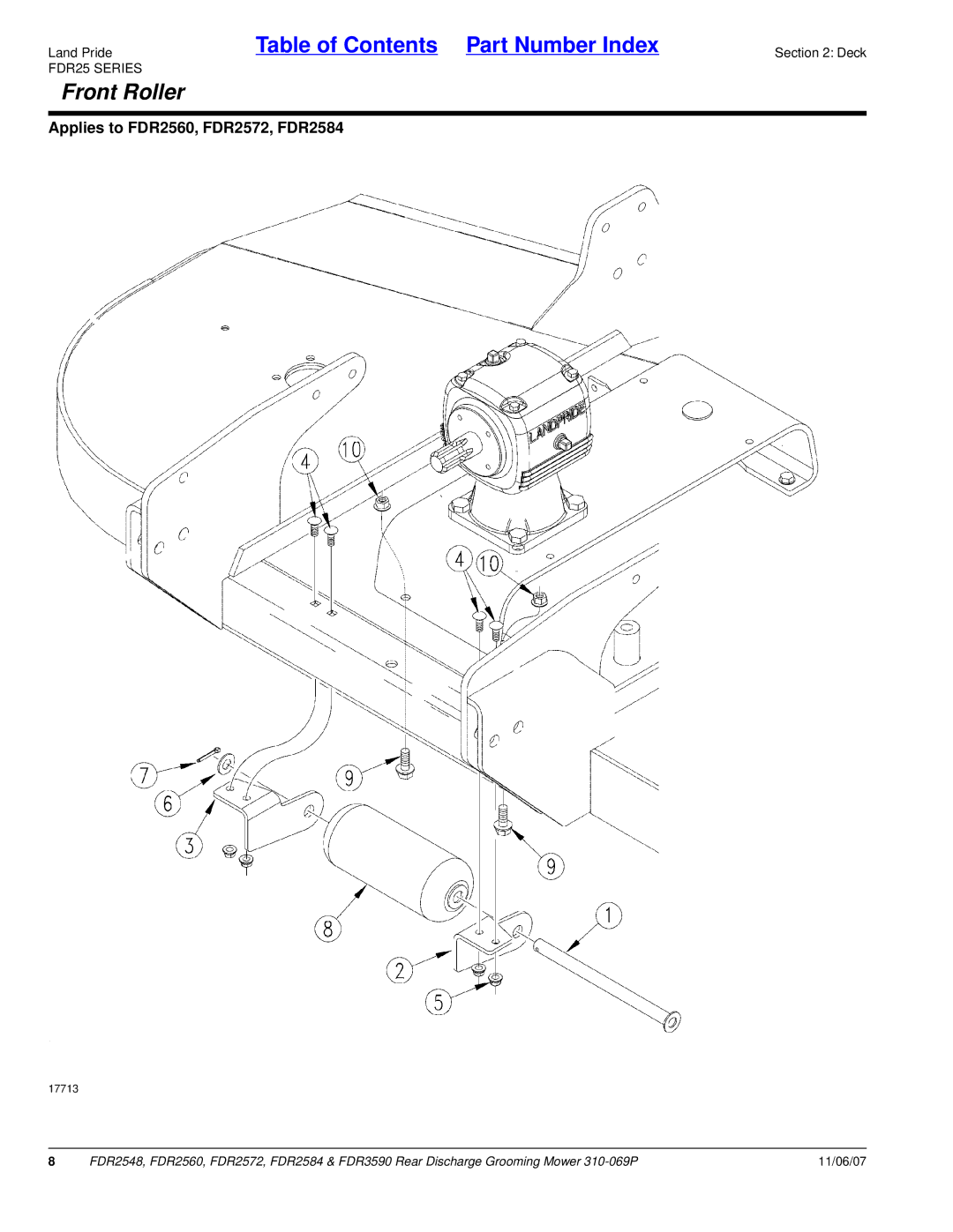 Land Pride 3590, FDR2548 manual Front Roller, Applies to FDR2560, FDR2572, FDR2584 