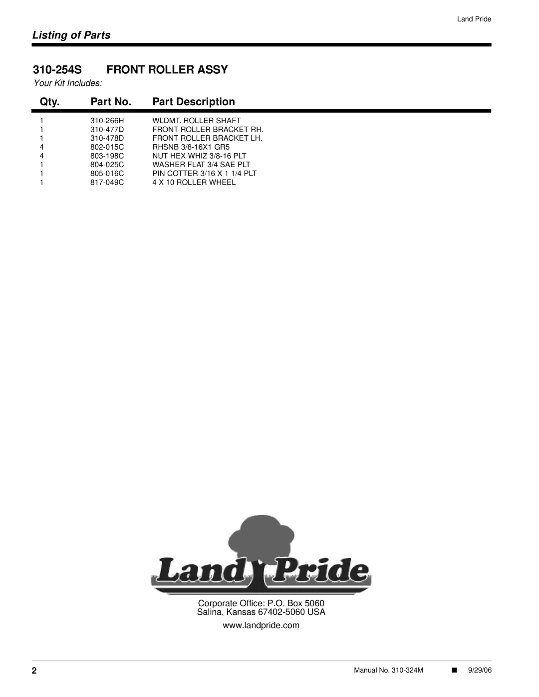 Land Pride FDR2560 installation instructions 310-254S Front Roller Assy, Qty Part Description 