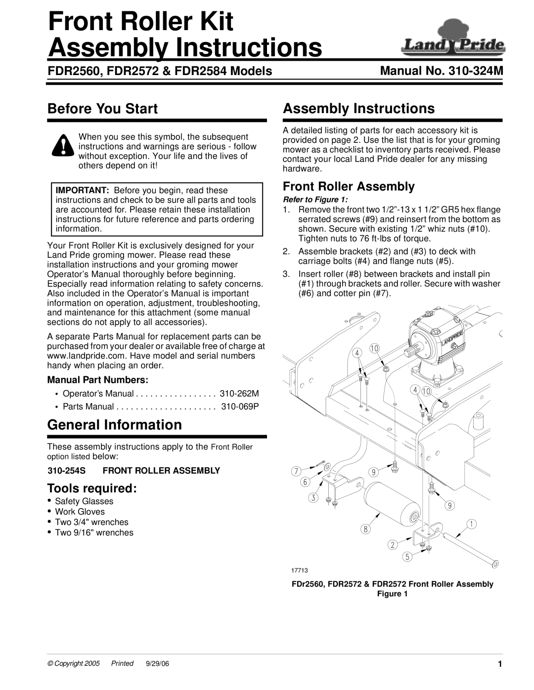 Land Pride FDR2560 installation instructions 310-254SFRONT ROLLER ASSEMBLY, Front Roller Kit Assembly Instructions 