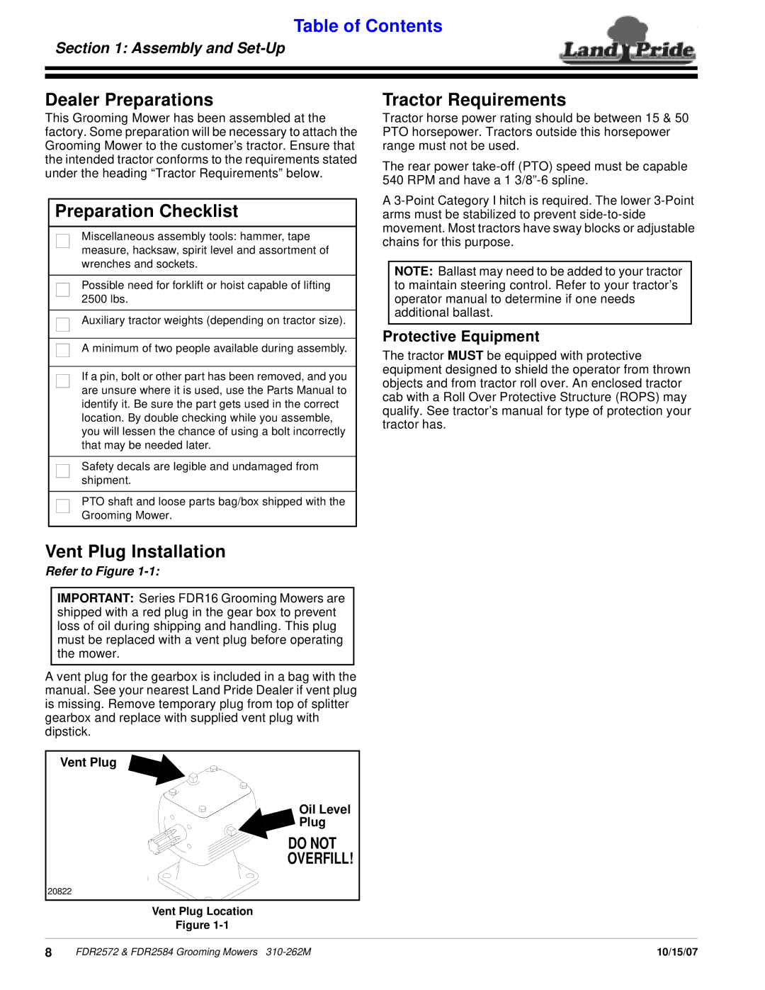 Land Pride FDR2572, FDR2584 manual Dealer Preparations, Preparation Checklist, Vent Plug Installation, Tractor Requirements 