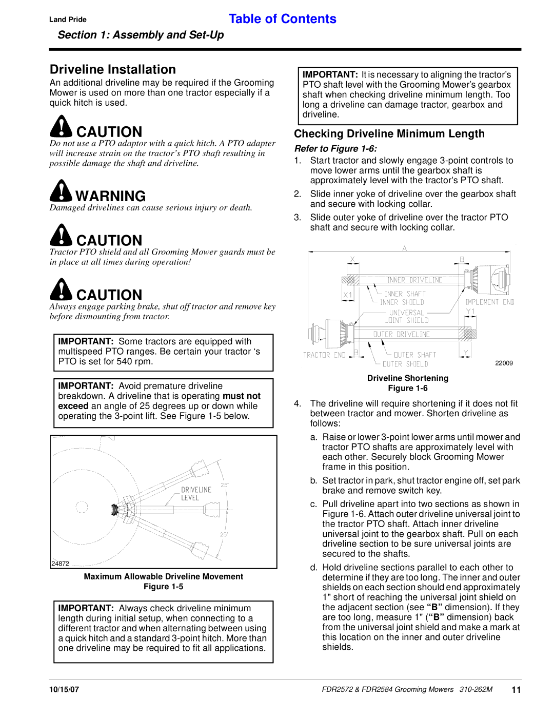 Land Pride FDR2584, FDR2572 manual Driveline Installation, Checking Driveline Minimum Length 