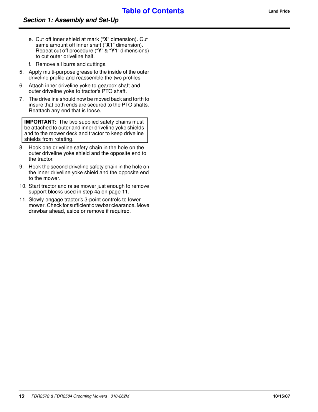 Land Pride manual 12 FDR2572 & FDR2584 Grooming Mowers 310-262M 