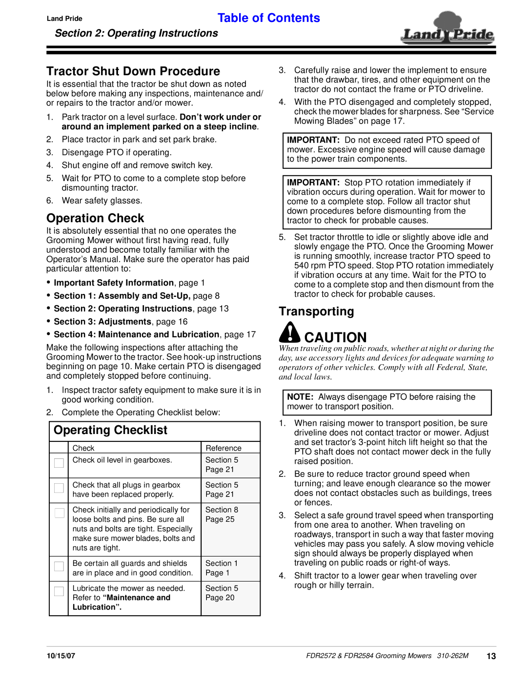 Land Pride FDR2584 Tractor Shut Down Procedure, Operation Check, Transporting, Operating Checklist, Operating Instructions 