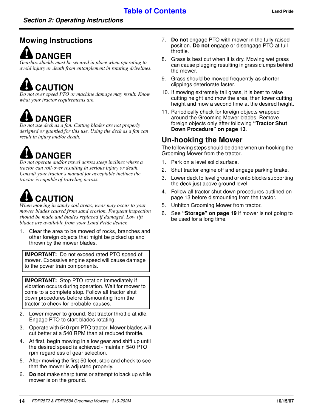 Land Pride FDR2572, FDR2584 manual Mowing Instructions, Un-hooking the Mower 