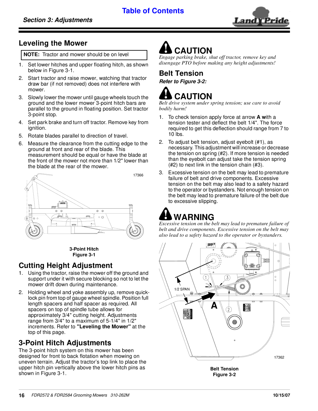 Land Pride FDR2572, FDR2584 manual Leveling the Mower, Belt Tension, Cutting Height Adjustment, Point Hitch Adjustments 