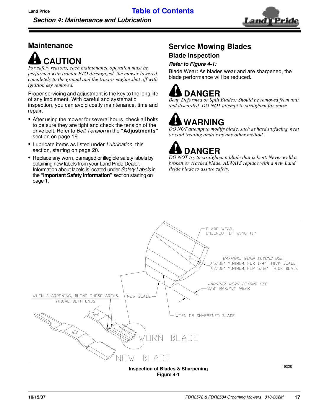 Land Pride FDR2584, FDR2572 manual Service Mowing Blades, Maintenance and Lubrication, Blade Inspection 