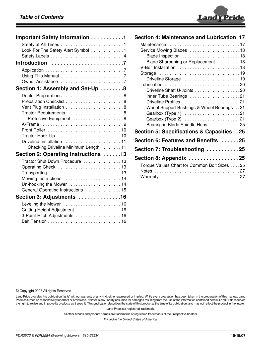 Land Pride FDR2572, FDR2584 manual Table of Contents 