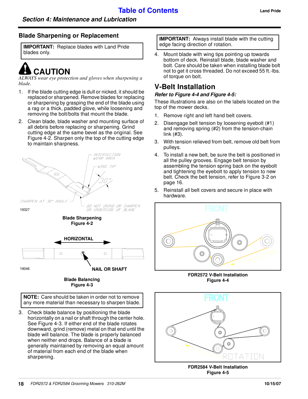 Land Pride FDR2572, FDR2584 manual Belt Installation, Blade Sharpening or Replacement 