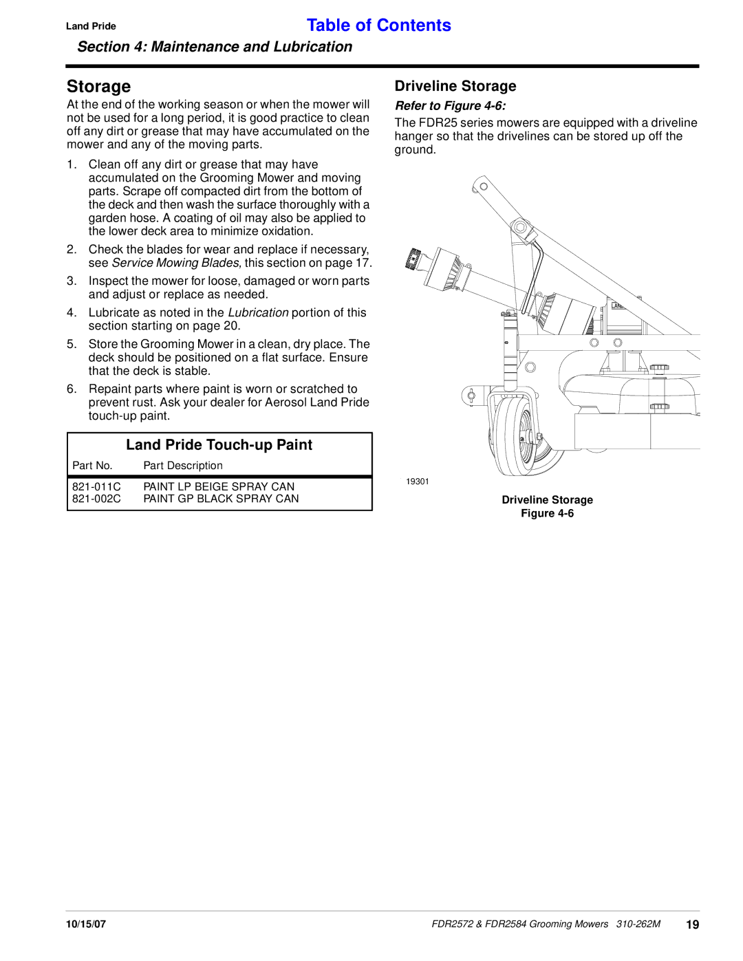 Land Pride FDR2584, FDR2572 manual Land Pride Touch-up Paint, Driveline Storage 