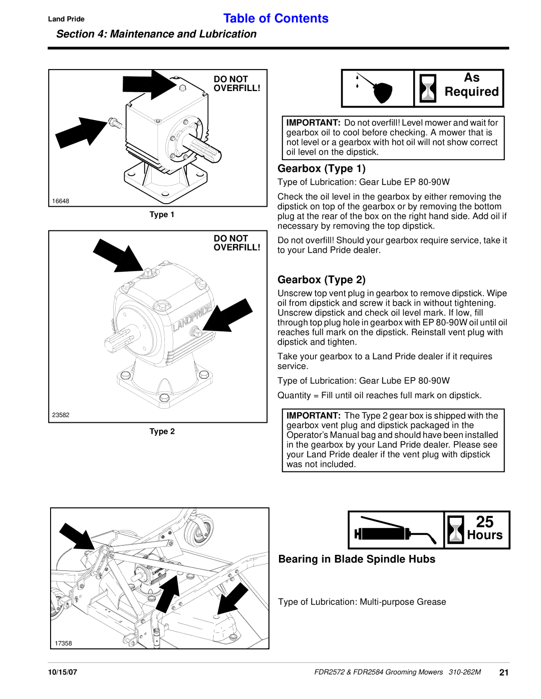 Land Pride FDR2584, FDR2572 manual Required, Gearbox Type, Bearing in Blade Spindle Hubs 