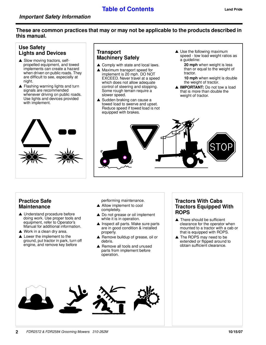 Land Pride FDR2572 manual Transport Machinery Safely, Practice Safe Maintenance, Tractors With Cabs Tractors Equipped With 