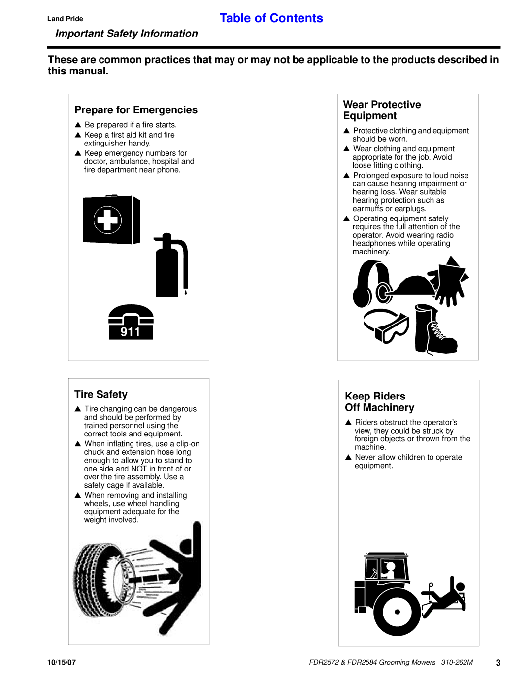 Land Pride FDR2584, FDR2572 manual Wear Protective Equipment, Tire Safety, Keep Riders Off Machinery 